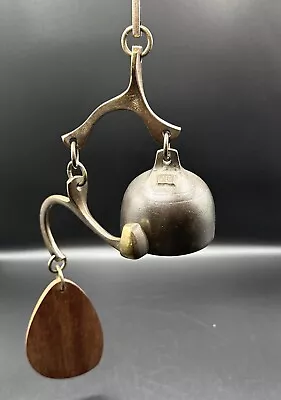 Vintage RICHARD FISHER Cast Bronze Bell & Mahogany Wood Mobile WINDCHIME Door • $179.99