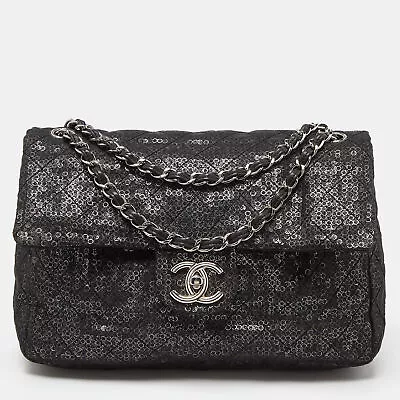 Chanel Black Mesh And Sequins Jumbo Classic Flap Bag • $3171