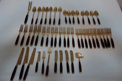 Vintage MID CENTURY MODERN Thai Brass And Rosewood FLATWARE SET Of 50 Pieces • $59.99