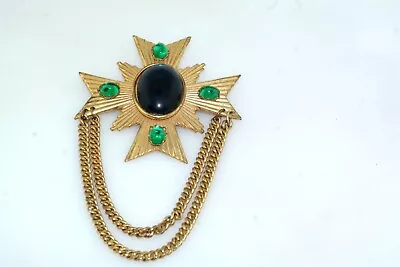 MIRIAM HASKELL Green Blue Glass Gold Tone Maltese Cross Dangle Brooch  • $65