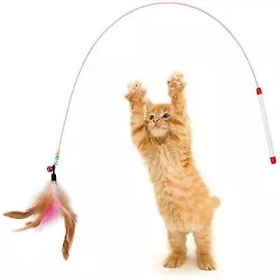 Cat Feather Wand Stick Wire Play Teaser Kitten Toy Dangle Bell Interactive Toys • £2.85