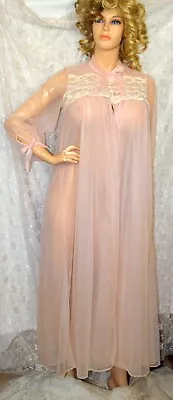 VTG Miss Elaine Pink Sheer Flowing Chiffon Lace Robe Nightgown Negligee S M • $39