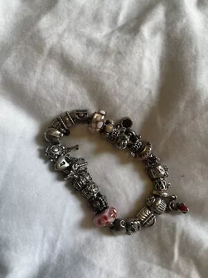 Genuine Silver 20cm Pandora Bracelet With 20 Charms Safety Clasp And 2 Stoppers • £32