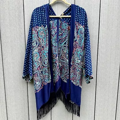 Roxy Woman’s Kimono Top Size XS  Navy Paisley Cardigan 3/4 Sleeve Boho Gypsy • $24.55