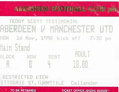 £1.99 • Buy Aberdeen V Manchester United - Teddy Scott Testimonial 1998 Match Ticket