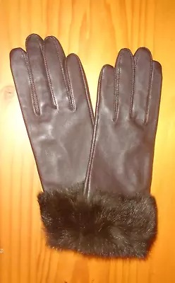 Fownes Brothers   Brown  100%   Leather   Rabbit  Fur Trim  Gloves Nwt 6.5 • $24.99