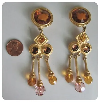 $135 • Buy Ben Amun Crystal Rhinestone  Drop Dangle Clip On Earrings Gold Plate 4  Signed