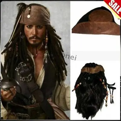 Pirates Of The Caribbean Captain Jack Sparrow Cosplay Brown Wig Hat Beard Prop • £11.28