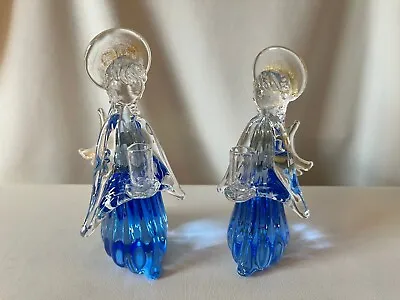 Set Of (2) Vintage  Murano  Aventurine Gold & Blue Glass Angel Candle Holders • $40