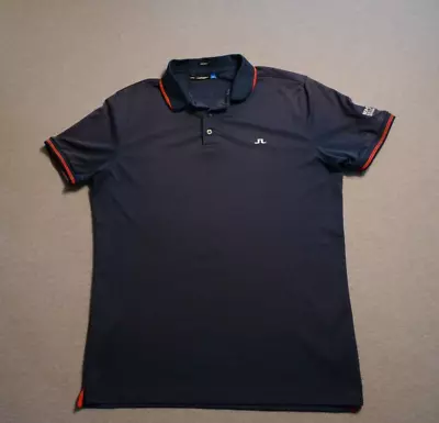 J. Lindeberg Polo Shirt Golf Men L Blue Spell Out Back Reflective Bishops Gate • $25