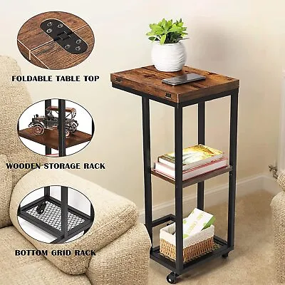 C Shaped Side Table Rustic End Table W/ Rolling Wheels For Laptop Snack Foldable • $45.99