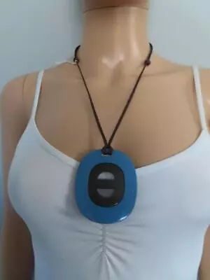 $185 • Buy Hermes Fidelio Blue/Taupe/White Lacquered Buffalo Horn Pendant Necklace $350