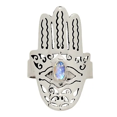 Hamsa Hand - Natural Rainbow Moonstone 925 Silver Ring S. ALLR-22709 HMHR2 • £12.54