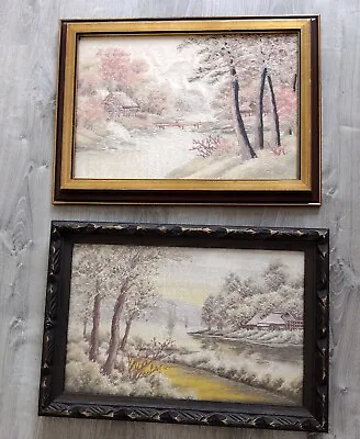 Pair Vintage Japanese Silk Hand Embroidered Needlepoint Tapestry Framed • $50
