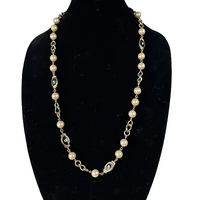 VTG Long Gold Tone Faux Pearl Necklace Fashion Jewelry Black Rhinestone Enamel • $19.79