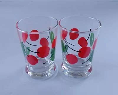 Set 2 Vintage 1950s Libbey Swanky Swigs Red Cherries 4  Juice Glasses • $23