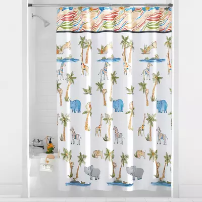 Bathroom Shower Curtain Jungle Safari Giraffe Monkey Tropical Palm Trees Fabric • $10