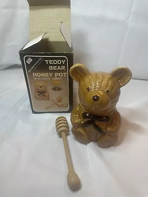 Vintage Ceramic Honey Bear Pot Jar With Wooden Dipper In Box • $10.99