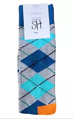 HAPPY SOCKS Men's Blue Argyle Cotton Crew Socks Size 8-12 NWT • $8