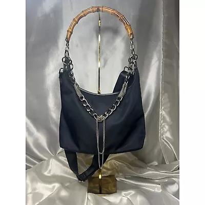 Vintage Authentic Gucci Bamboo Navy Leather Nylon Hobo Crossbody Top Handle • $319