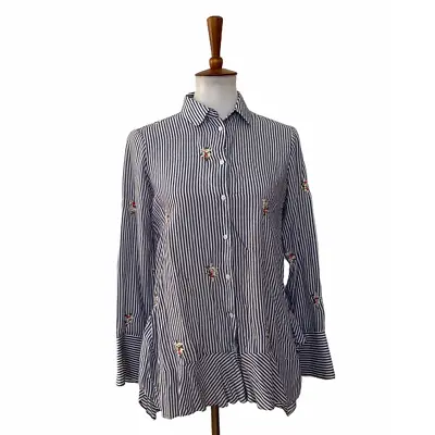 Zara Woman Striped Floral Embroidered Button Up Shirt Long Sleeve Blue White XS • $9.88