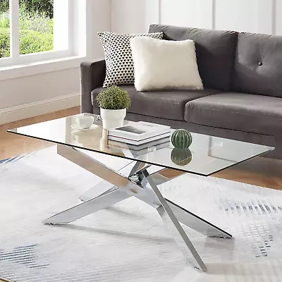 Rectangle Modern Coffee Table Tempered Glass Top And Metal Tubular Leg 47.3”Lx • $158.42