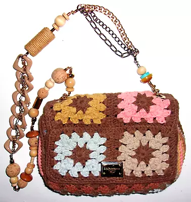 DOLCE & GABBANA Floral Crochet Handbag Beaded Strap Brown/Pink Multi • $244