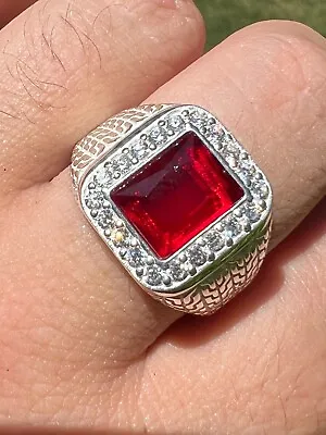 Mens Real 925 Sterling Silver Iced Simulated Red Ruby & CZ Hip Hop Ring Sz 6-13 • $47.23