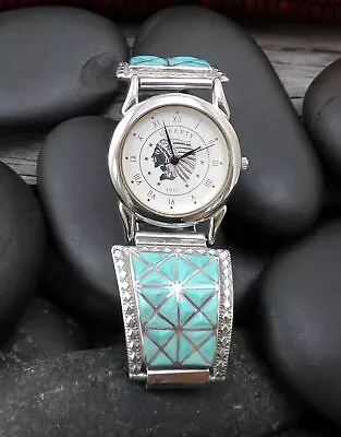 Zuni Sterling Silver Men’s Turquoise Channel Inlay Watch • $195