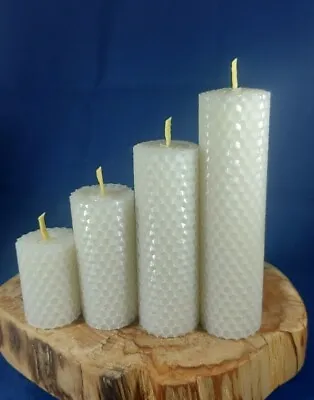 4 X Candles NATURAL BEESWAX PILLAR CANDLES Eco-friendly  White Colour HANDMADE  • £11.80