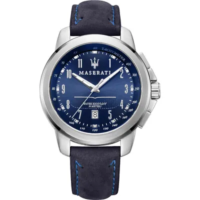 Maserati Successo Silver Stainless Steel & Blue Leather Men's Watch. R8851121003 • $124