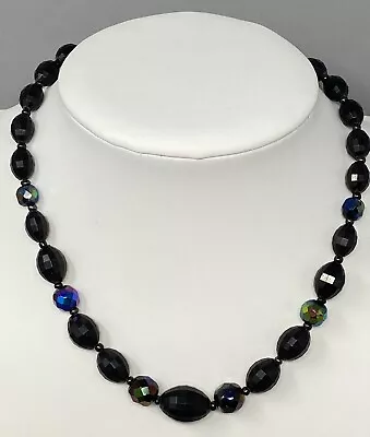 £11.86 • Buy VINTAGE West Germany Black Aurora Borealis Beaded Necklace Plastic Faceted 15.5 