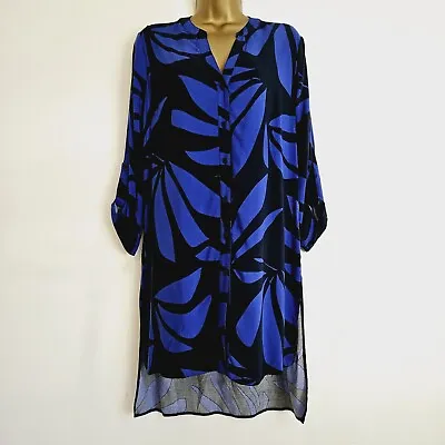 NEW WALLIS 8-20 Leaf Print Button Up Longline Blue Black Tunic Blouse Shirt Top • £14.95