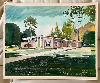 Original Mid Century Modern Architectural Rendering Drawing Watercolor House #7 • $199.95