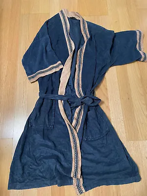 VTG 60s 70s Rabhor Robe Smoking Jacket Blue Velour Trim Belted One Size • $32.03