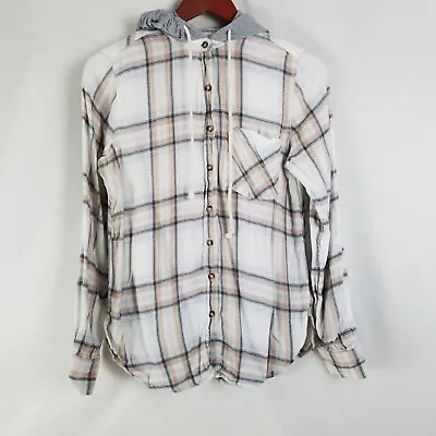 Mudd Shirt Womens Small Drawstring Hooded Top Plaid Long Sleeve Pocket Button Up • $7.81