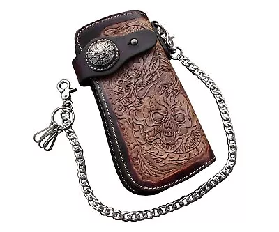 Dragon Skull Motorcylce Biker Cow Leather Card Holder Handmade Wallet With Ch... • $95.32