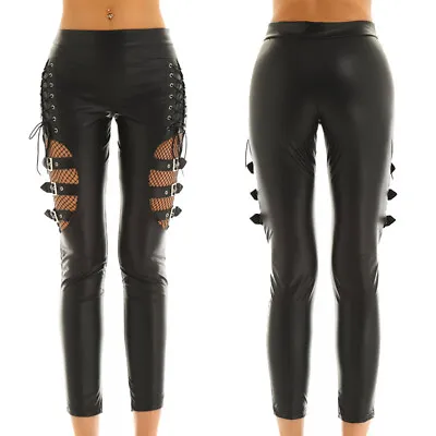 Sexy Women Mid Waist Leather Lace Up Pants Stretch Slim Pencil Trousers Leggings • £19.27