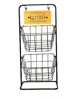 2 Tier Basket Fruit Vegetable Storage Rack Vintage Metal Wire Home Kitchen Black • £13.75