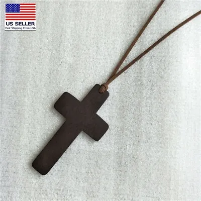 Unisex Natural Wood Big Cross Necklace Fashion Long Leather Rope Men Women  • $5.99