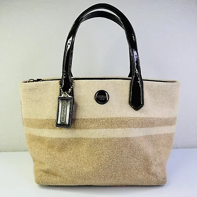 COACH Wool Blend Signature Stripe Tote Two Tone Tan W/ Brown Patent Trim F24786 • $49.99