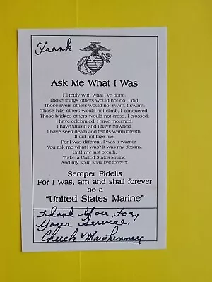 Charles Mawhinney Vietnam USMC Sniper 103 Kills Signed 3.5 X 6.5 Inch Insc Frank • $34.99