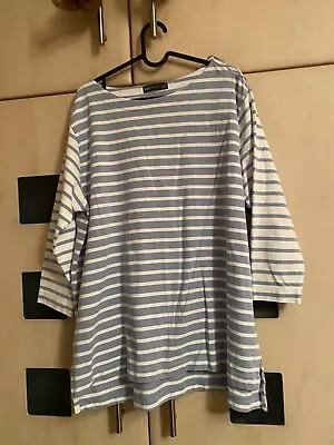 Marks & Spencer Longline Blue Striped 3/4  Sleeve Jersey Top Size 18. Good Con • £7.50