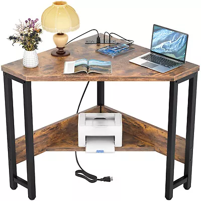 Corner Computer Desk Table Triangle Workstation With Storage Shelf Power Outlets • $87.99