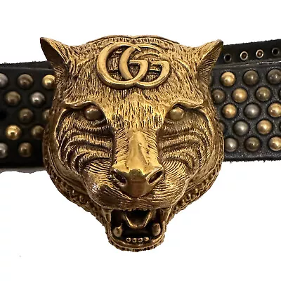 $1490 GUCCI Black Leather Tiger Head Studded Belt - Size 40 • $495