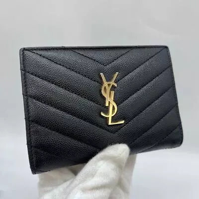 Saint Laurent Paris V Stitch YSL Gold Logo Compact Fold Wallet Black Ladies • $892.38