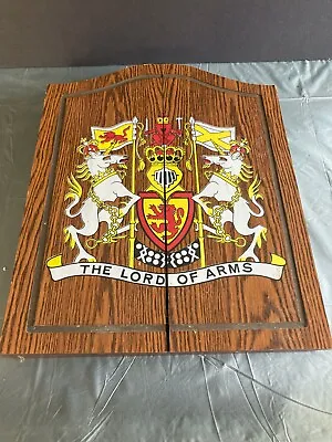 Vintage The Lord Of Arms Wooden 14 3/4” Dart Board Cabinet 6 Darts Rules Chalk • $20