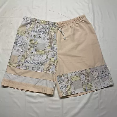 Vintage 90s Beach Shorts Men’s Medium Beige Art Drawing Canvas Hipster Pockets • $14.99