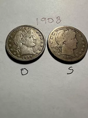 Two Barber Quarters 1908-O & 1908-S 90% Silver In Circulated Condition  • $26