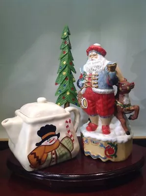 Vtg. Christmas Teapot & Santa Claus With Red Nose Rudolph Music Box Combination • $29.95